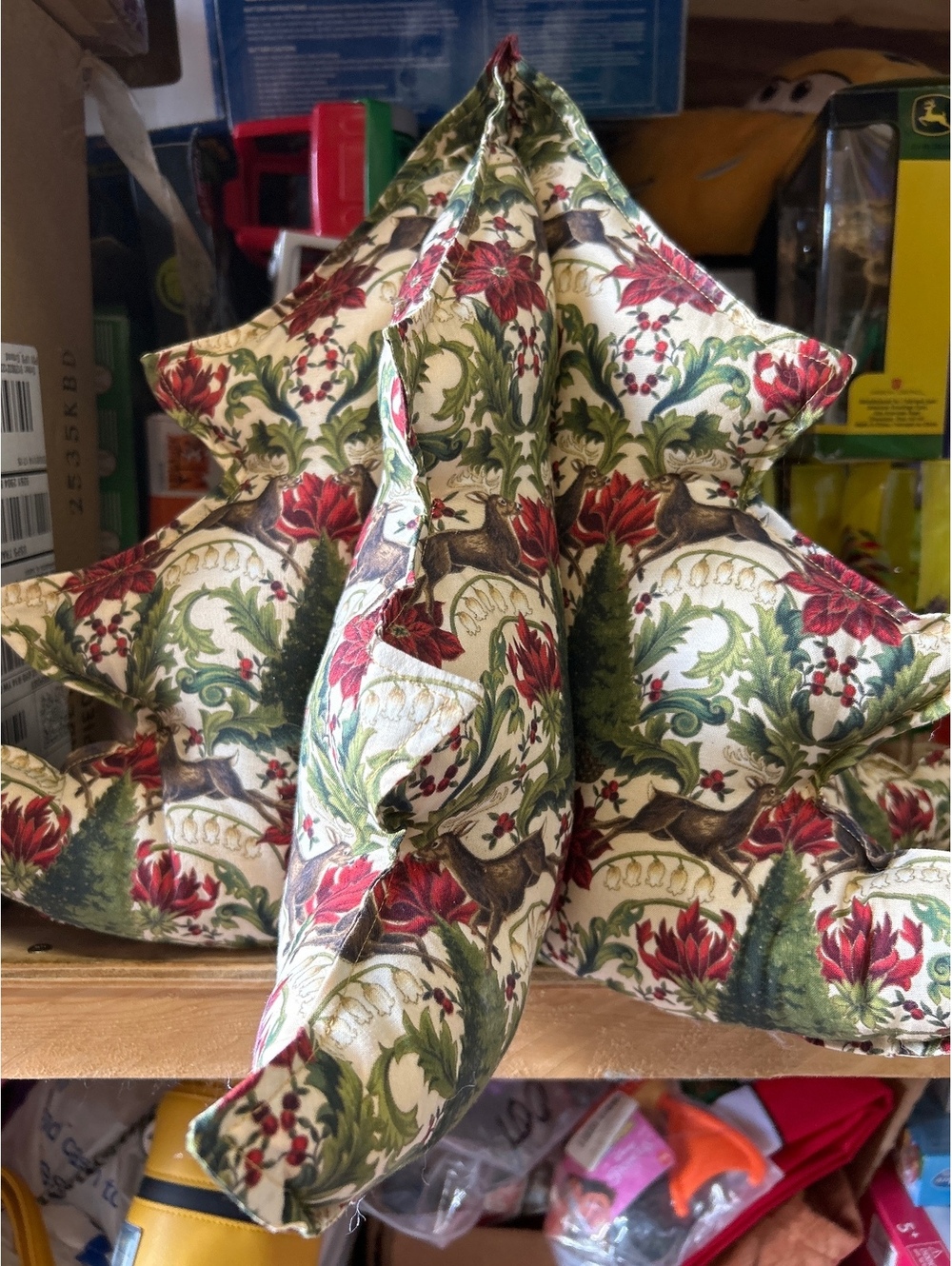 Decorative Quilted Christmas Tree Pillow with Festive Deer and Floral Print